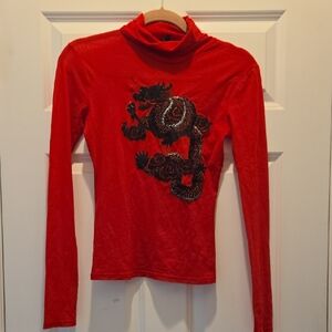 Vintage Y2K Top S Red Dragon Applique Long Sleeve Shirt Turtleneck Embroidered
